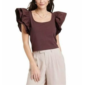 A New Day Women’s Double Flutter Short Sleeve Slim Top Brown